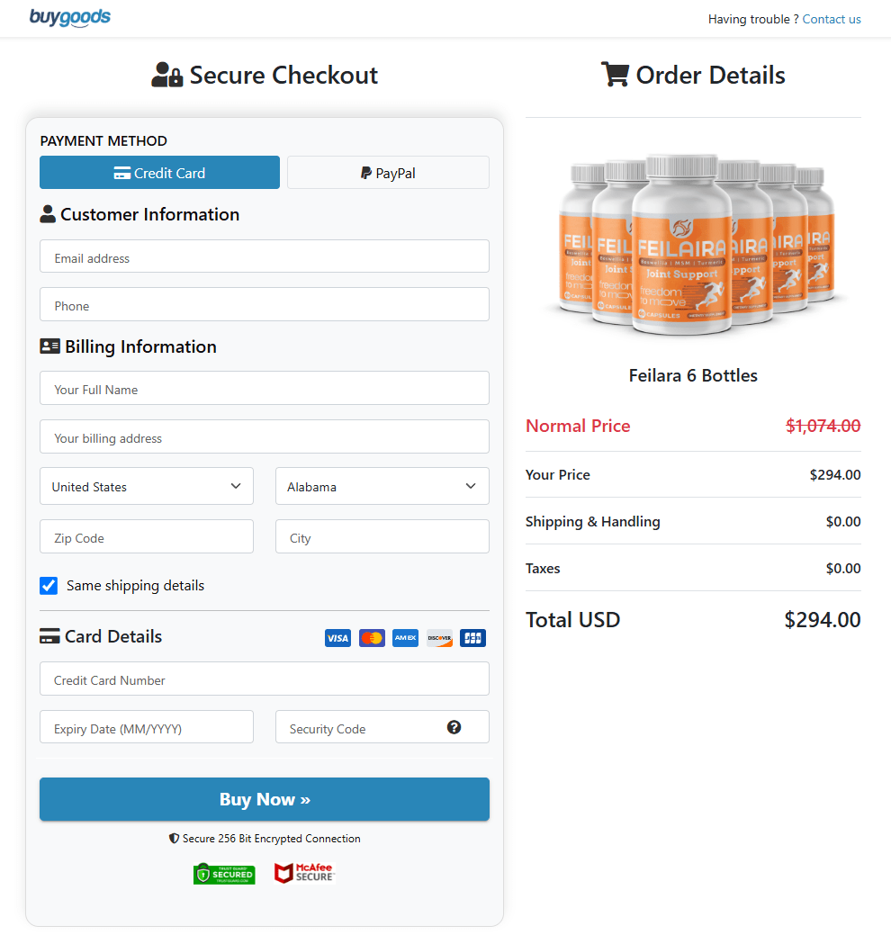 Feilaira order checkout page